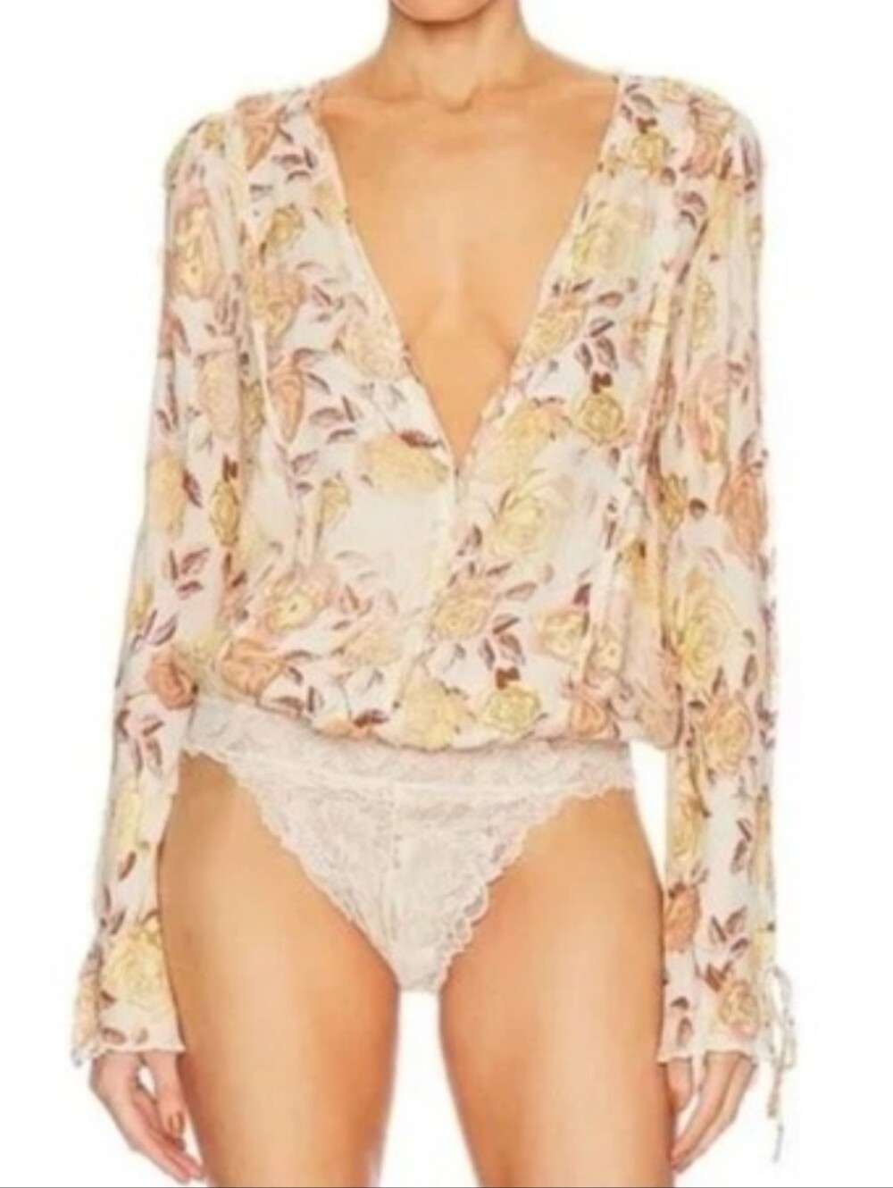 Free People Everything's Rosy Bodysuit Floral Blouse Small Top Oversized Lace